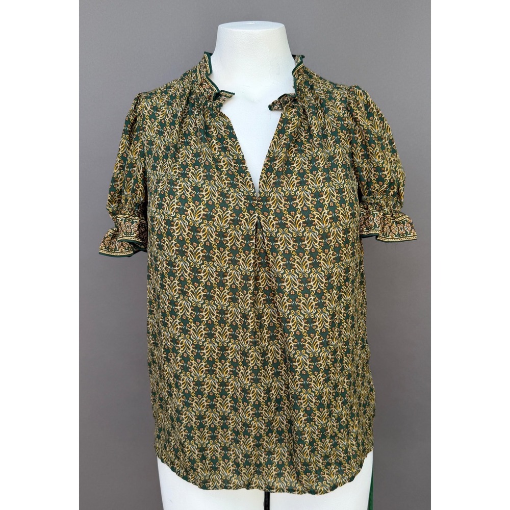 Max Studio Green Floral Paisley Ruffle‎ Neck Puff Sleeve Blouse Top Small S Boho